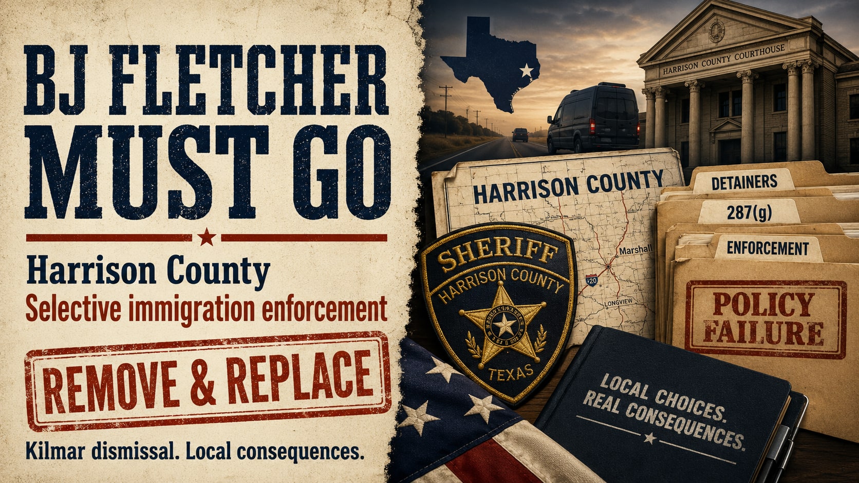 BJ Fletcher Must Go — Harrison County selective immigration enforcement. Remove & Replace. Kilmar dismissal. Local consequences.