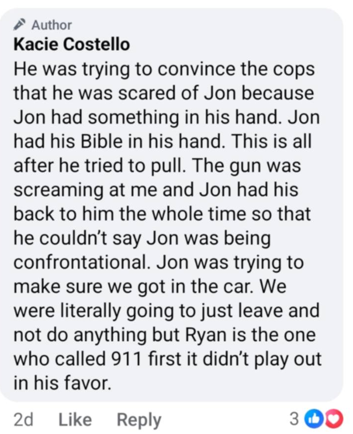 Redacted screenshot crop of a public Facebook comment by the wife in the church-incident couple, saying Ryan was trying to convince police he was scared because her husband had something in his hand, and saying her husband had a Bible in his hand.