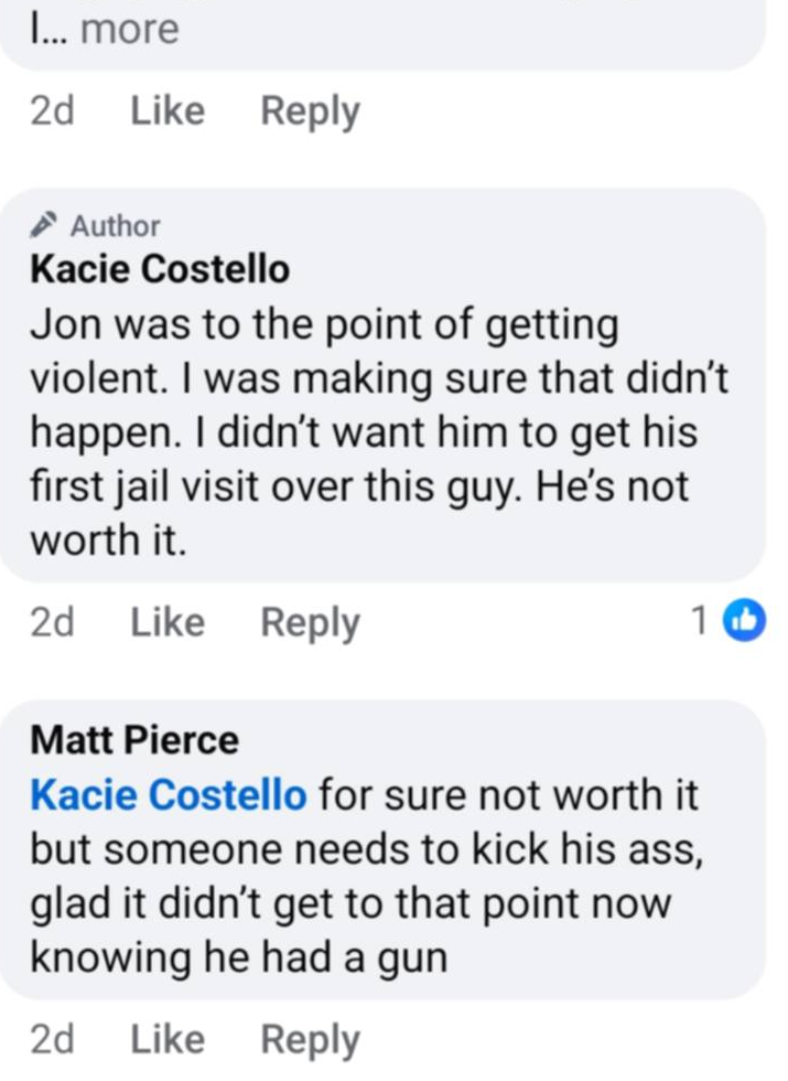 Redacted screenshot crop of a public Facebook comment by the wife in the church-incident couple, saying her husband was to the point of getting violent, followed by another commenter saying someone needs to kick Ryan's ass after knowing he had a gun.