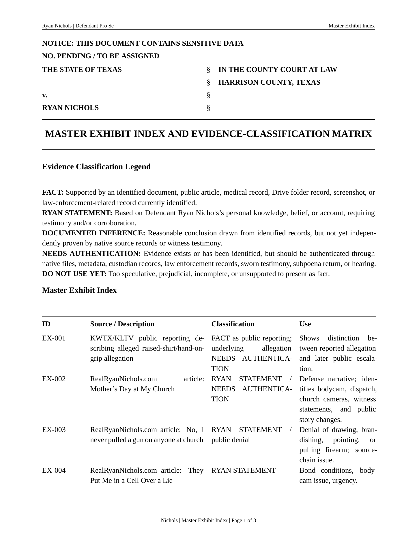 EX-023 - Master exhibit matrix page one