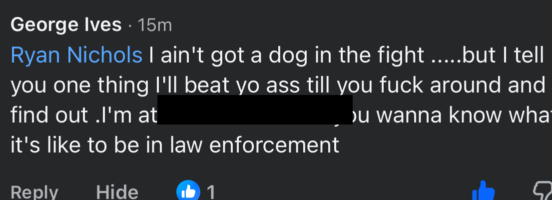 Redacted screenshot crop of a public Facebook comment by George Ives saying he would beat Ryan's ass. A street address in the comment is blacked out.