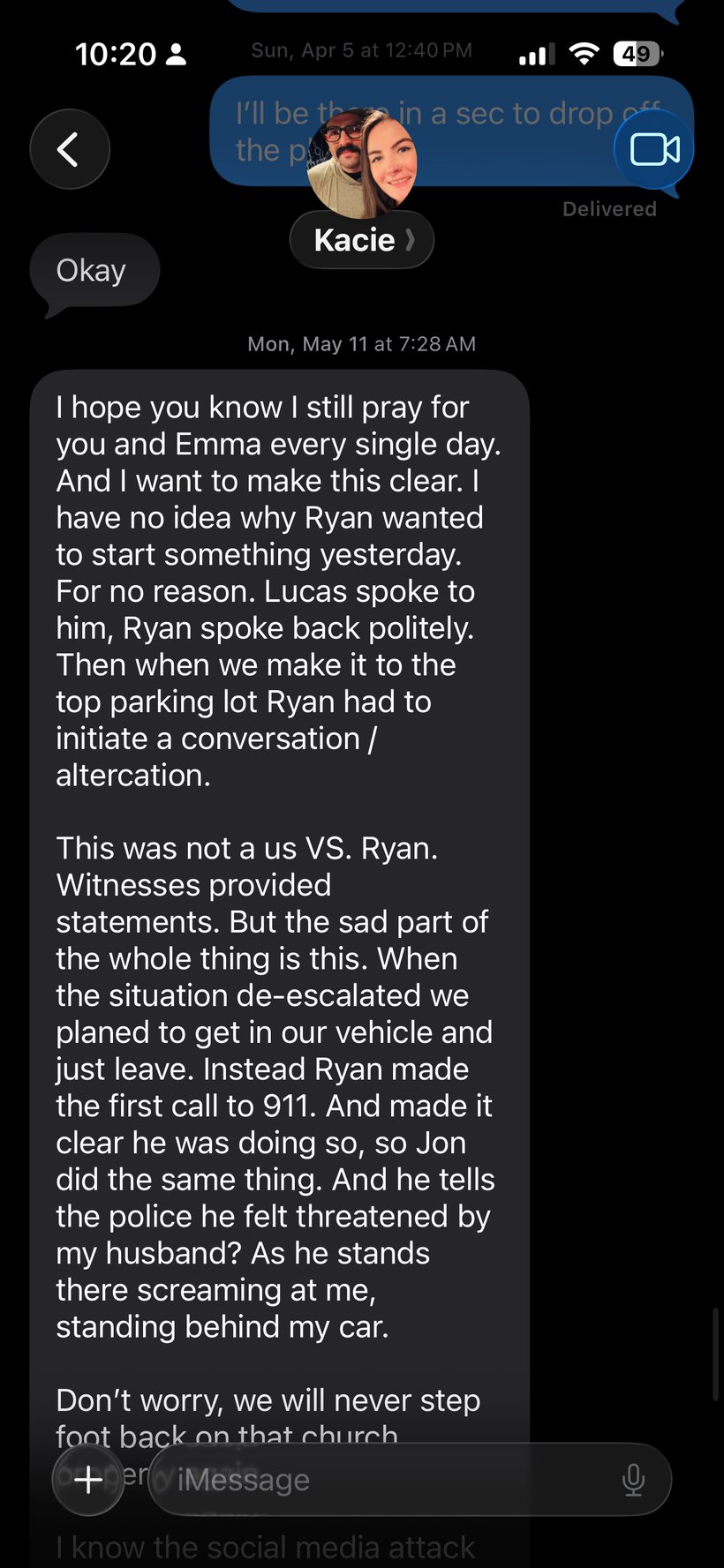 The complainant's full text message the morning after the incident — part 1.