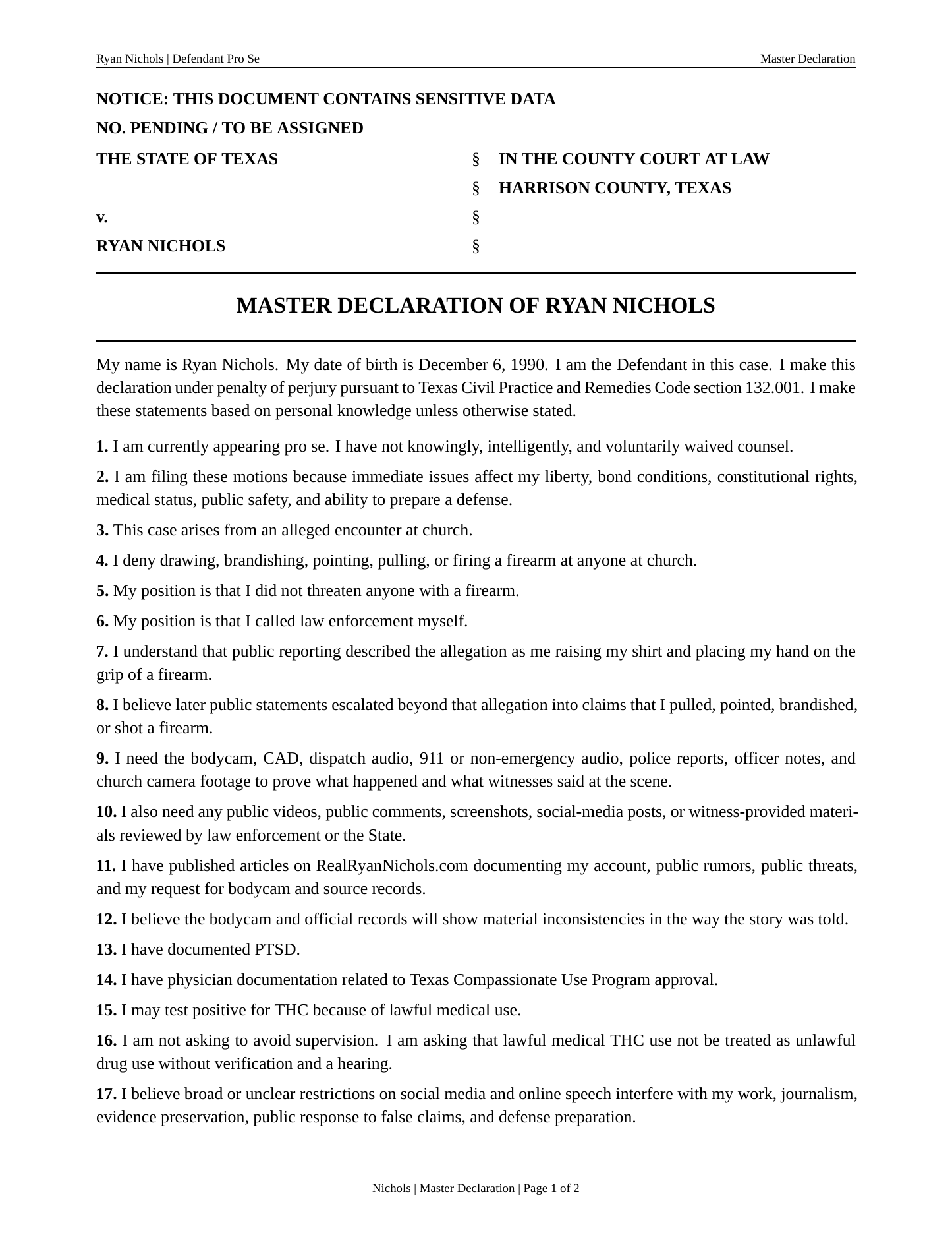 Page one of the Master Declaration of Ryan Nichols, as filed in Harrison County, Texas.