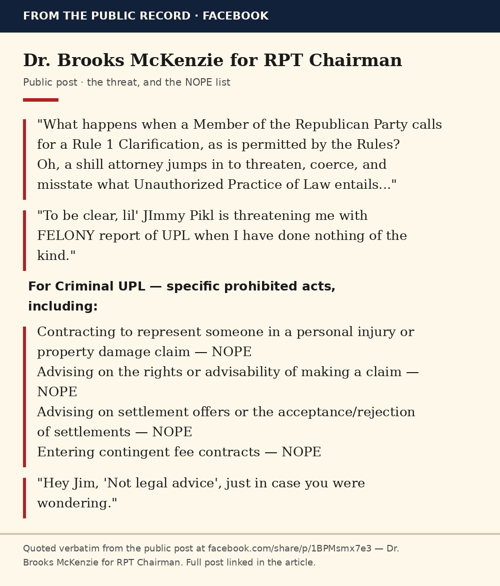 Dr. Brooks McKenzie's public post — the threat and the NOPE list, quoted verbatim