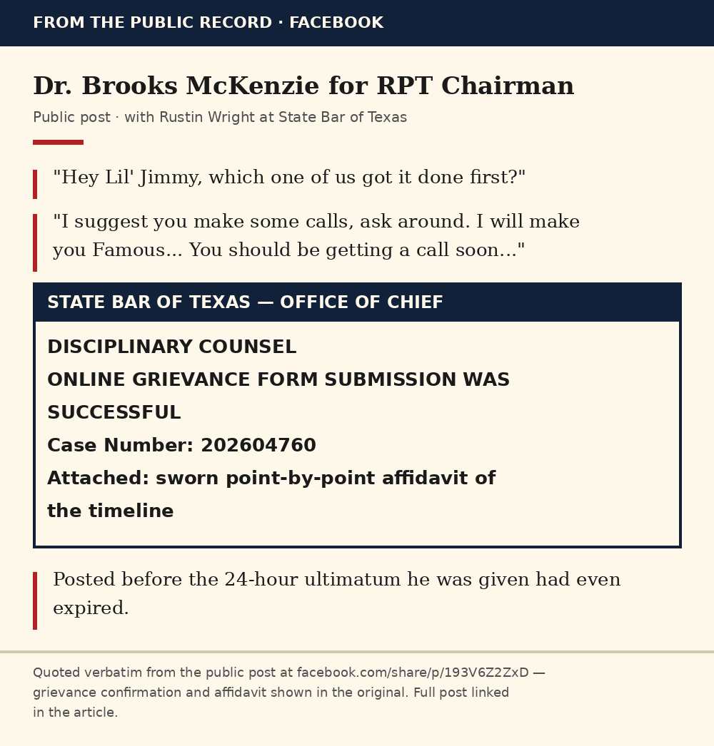 Dr. Brooks McKenzie's second public post — State Bar grievance confirmation, Case No. 202604760
