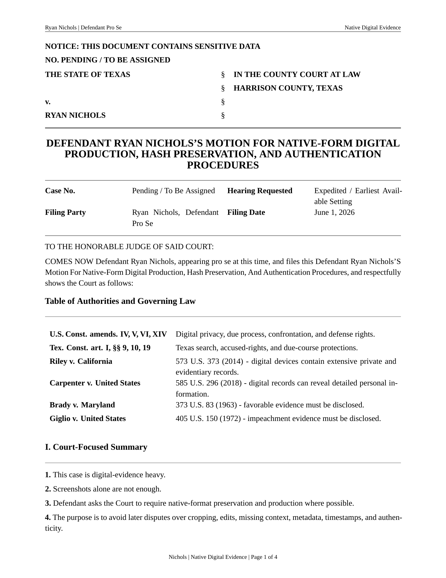Page one of the Motion for Native-Form Digital Production, Hash Preservation, and Authentication, as filed in Harrison County, Texas.