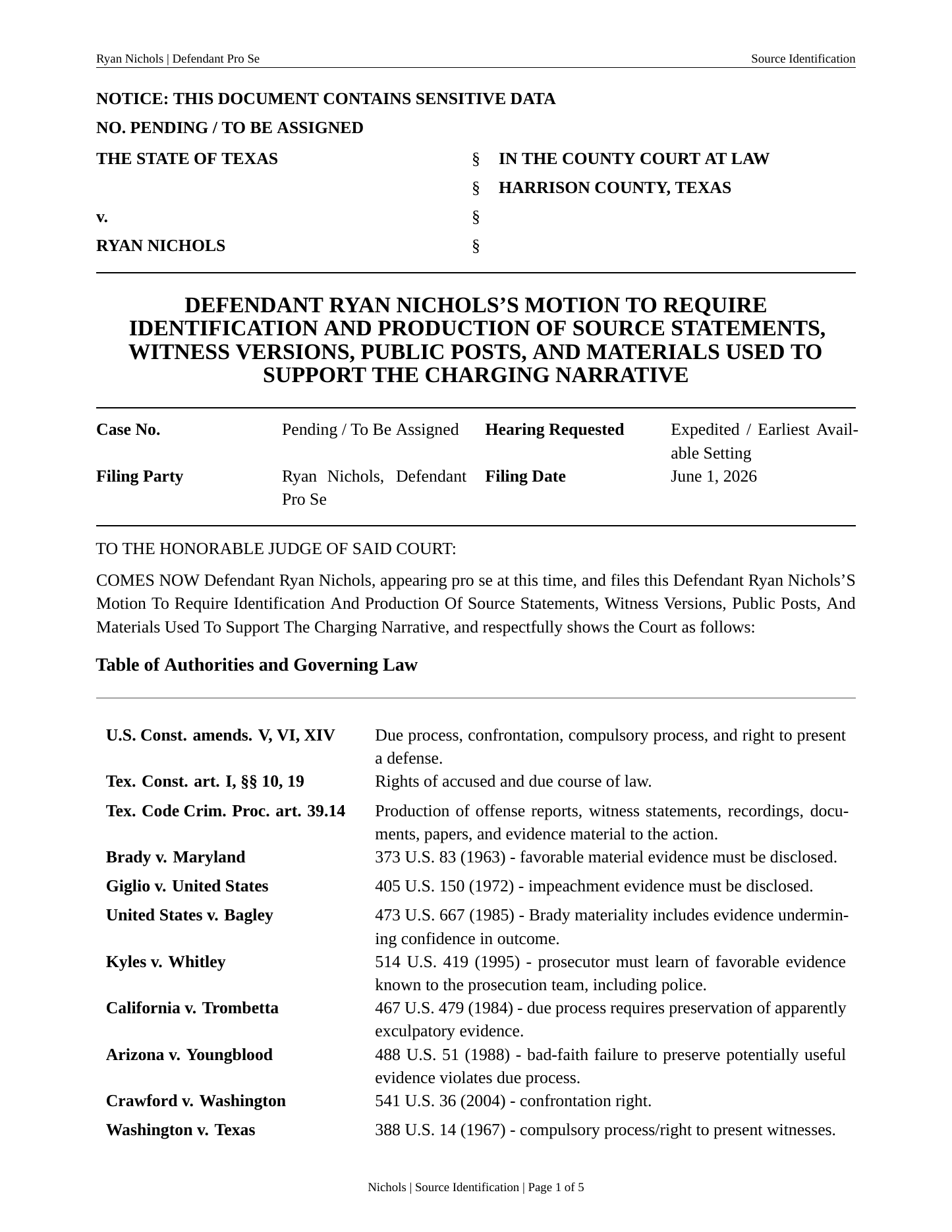 Page one of the Motion to Require Identification of Source Statements, as filed in Harrison County, Texas.