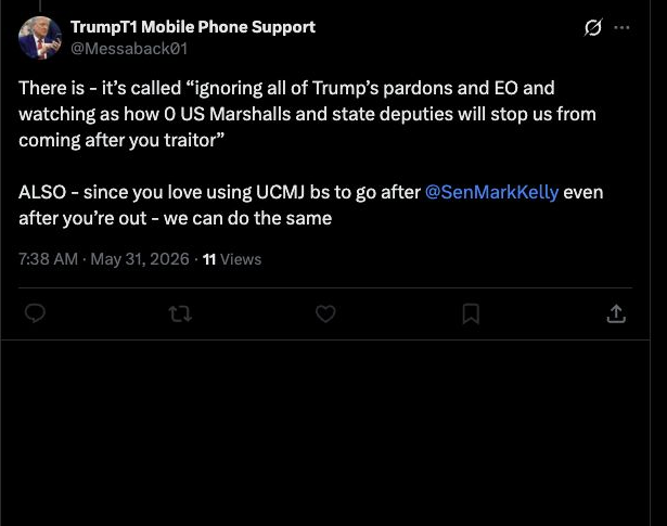 X post from TrumpT1 Mobile Phone Support (@Messaback01) saying "0 US Marshalls and state deputies will stop us from coming after you traitor."