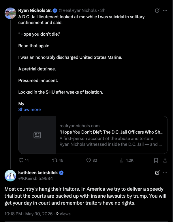 Verified X reply from Kathleen Keirsbilck (@KKeirsbilc9584): "Most country's hang their traitors..." and "traitors have no rights."