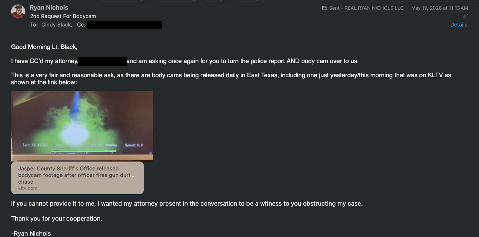 My second written request to Harrison County for the report and body cam (attorney name redacted).