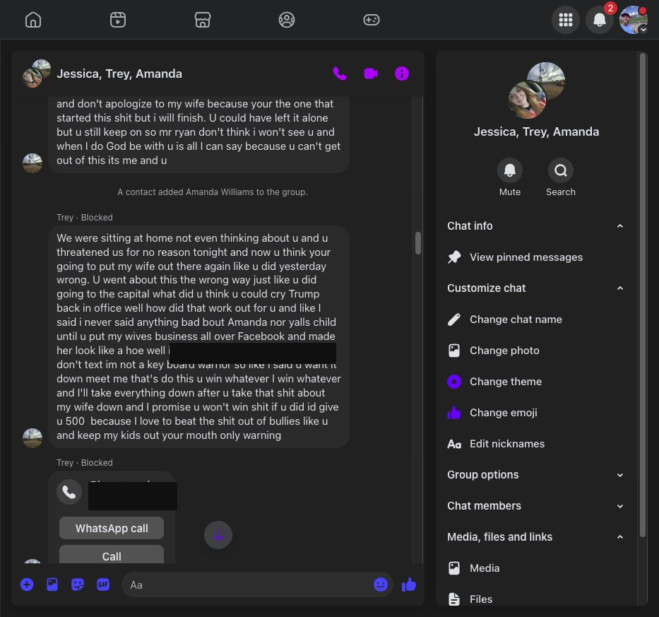 Redacted Messenger screenshot showing a March 21, 2026 message in the Jessica, Trey, Amanda group thread. A private phone number is blacked out. The visible text includes the phrase "I promise u won't win shit" and "I love to beat the shit out of bullies like u and keep my kids out your mouth only warning."