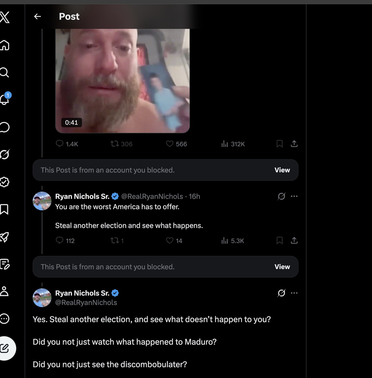 X thread view β at top: Ryan Nichols's May 21 video reading 'took my kids' under caption 'This is what a Weaponized Biden DOJ looks like' (312K views, 1.4K replies). Below it: 'This Post is from an account you blocked' (Gary Koepnick, who attacked Ryan under the grief post). Then Ryan's reply: 'You are the worst America has to offer. Steal another election and see what happens.' Then another blocked-account notice (Lori Nash, who replied 'Is that a threat?'). Then the start of Ryan's locked reply: 'Yes. Steal another election, and see what doesn't happen to you?'